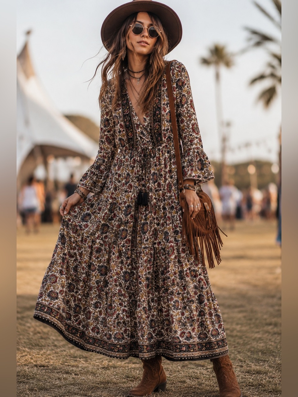 Anthropologie Boemo Maxi Dress Floral Peasant Bell Sleeves Tiered Skirt size L